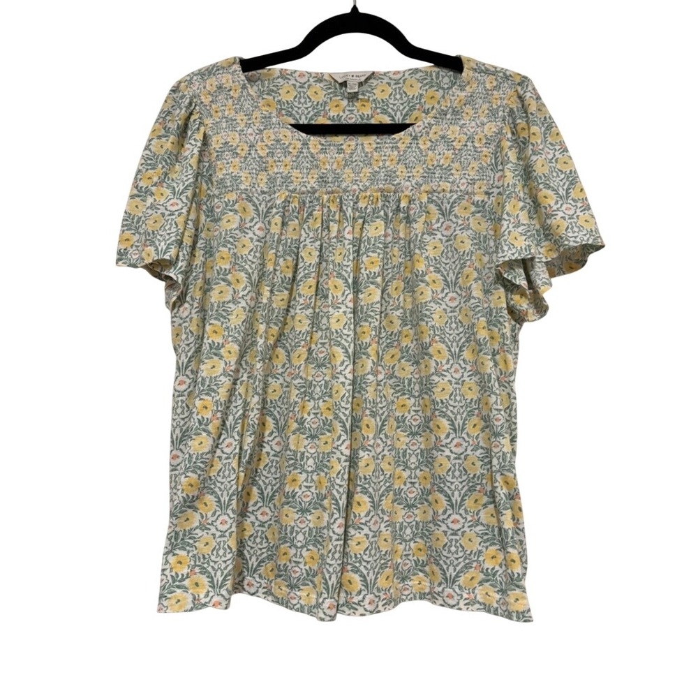 Lucky Brand sz XL yellow/green floral short flutter sleeve peasant blouse MM